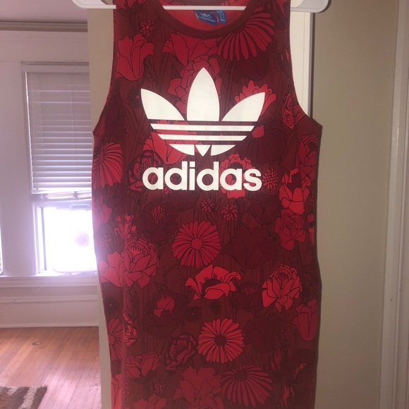 Adidas Original Trefoil Red Floral T-shirt Tank Dress Small - Picture 5 of 6
